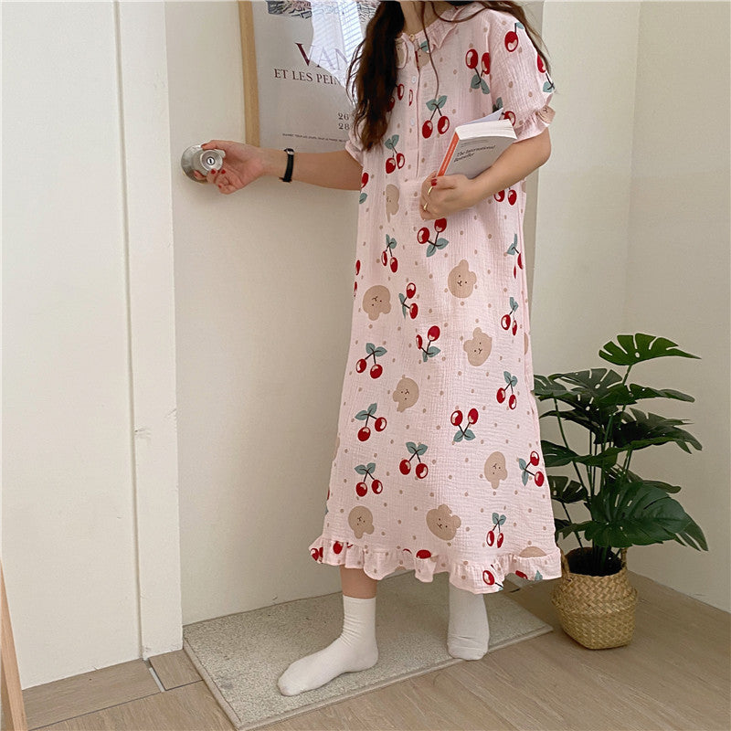 Women's Pajamas Sweet And Cute Big Cherry Print Loose Homewear Nightdress Dress