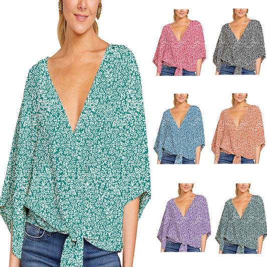 Camisa con cuello en V Top con estampado floral Ropa con estampado anudado de manga corta