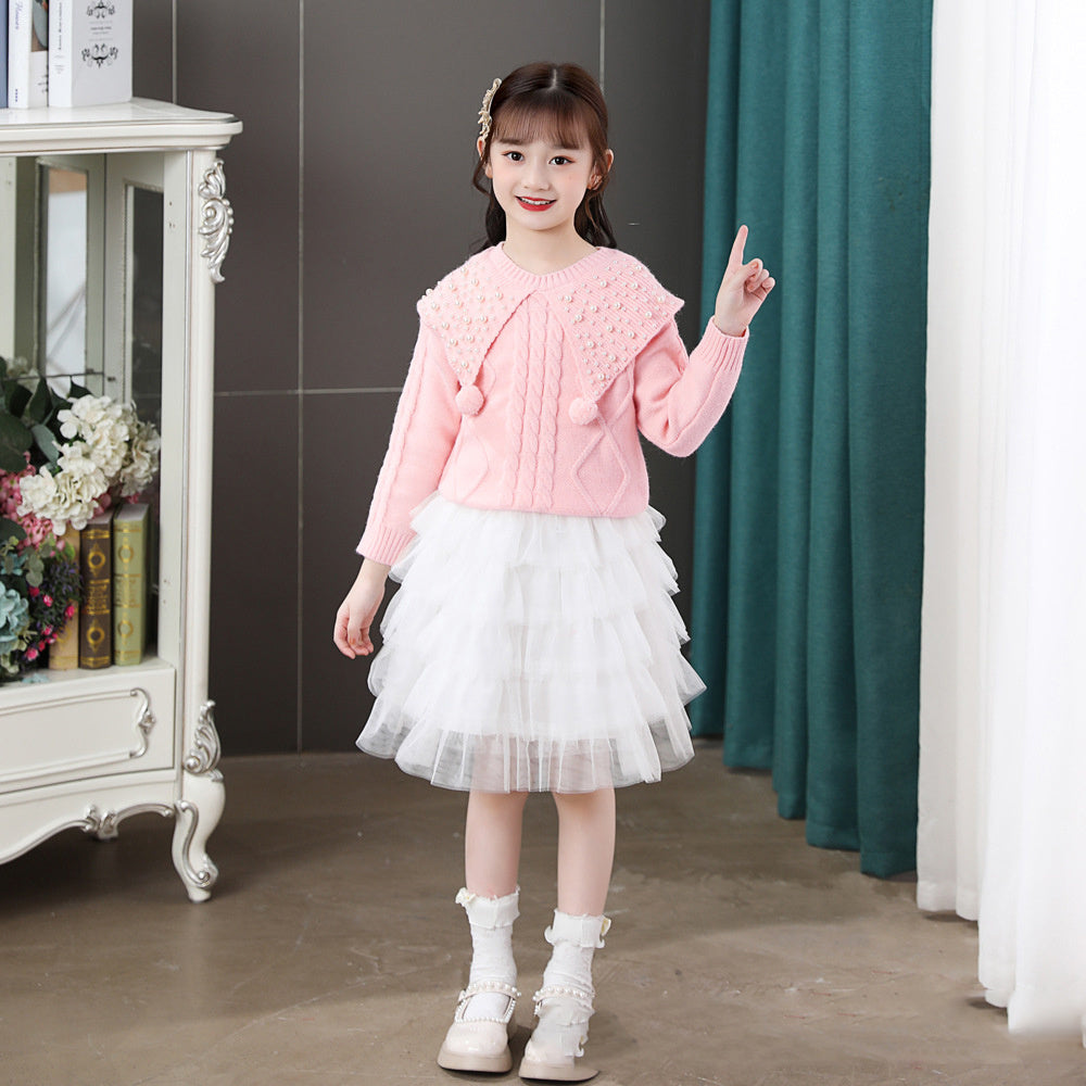 Two-piece Pearl Children's Sweater Cake Dress