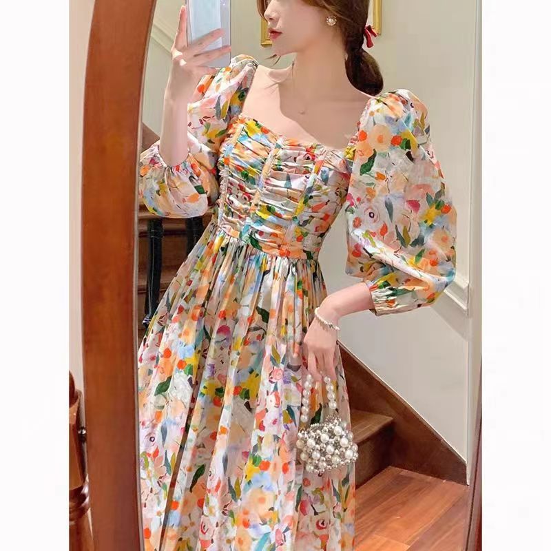 High-end Temperament Western Style Retro Chic Beautiful Candy Color Backless Floral Dress