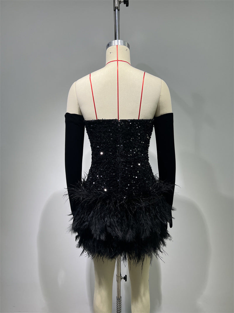 Robe à plumes à paillettes noires à la mode, haut tubulaire, robe de soirée tendance