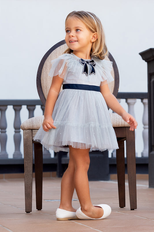 Girls grey blue bow tiepleated skirt