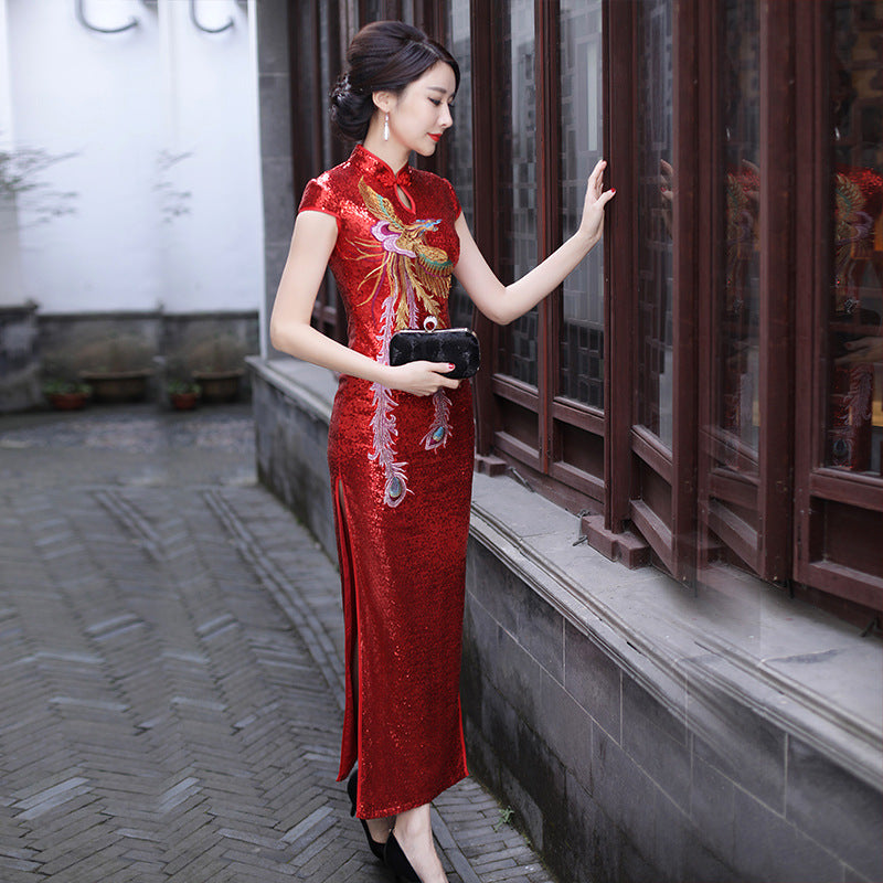 Cheongsam amélioré automne hiver rouge mariage mère vêtements à manches courtes fendu Phoenix Style ethnique robe