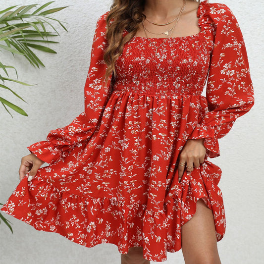 Robe mi-longue florale à manches longues pour le printemps et l'été