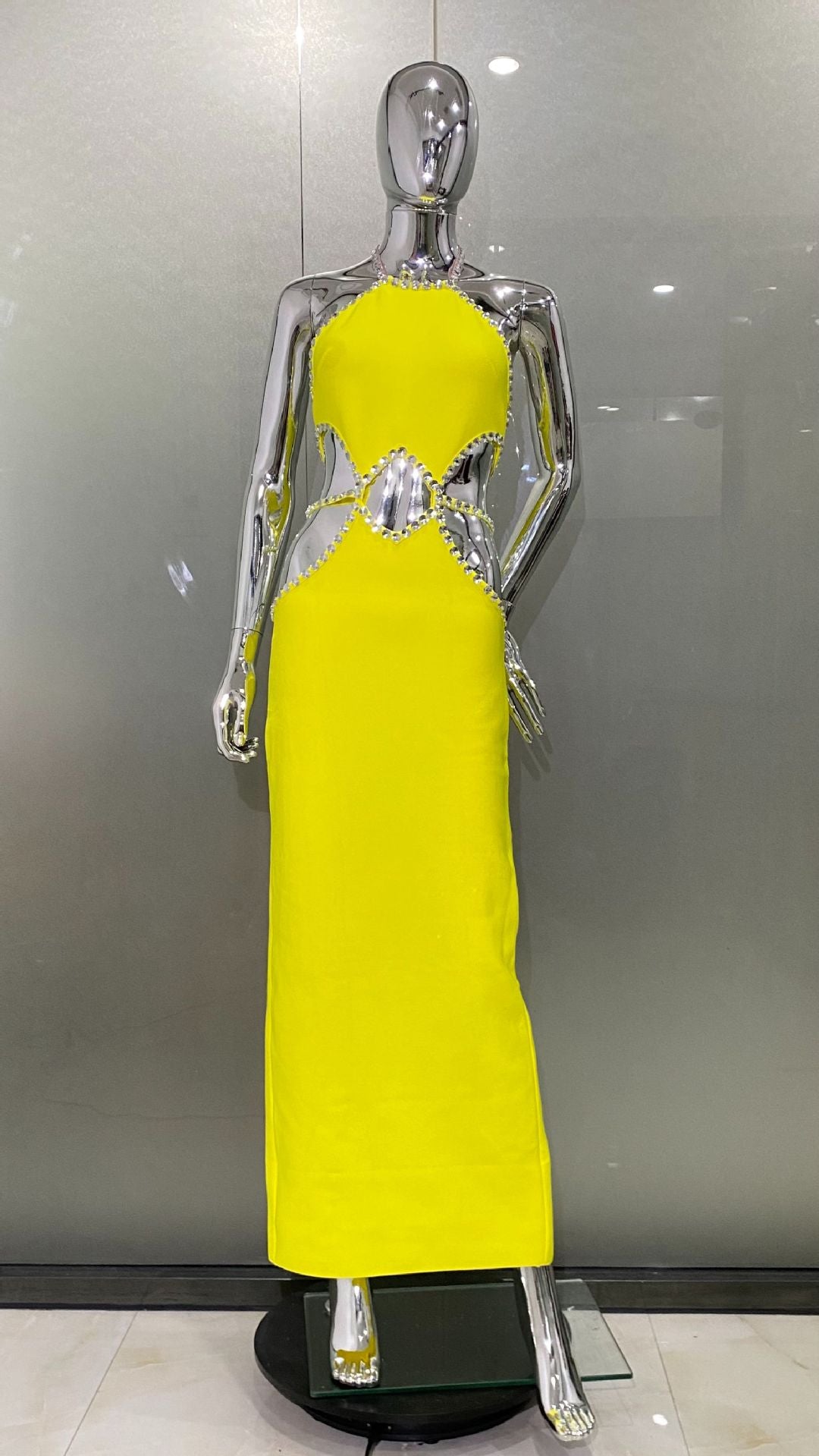 Hollow Rhinestone Edge Hanging Neck Lemon Yellow Dress