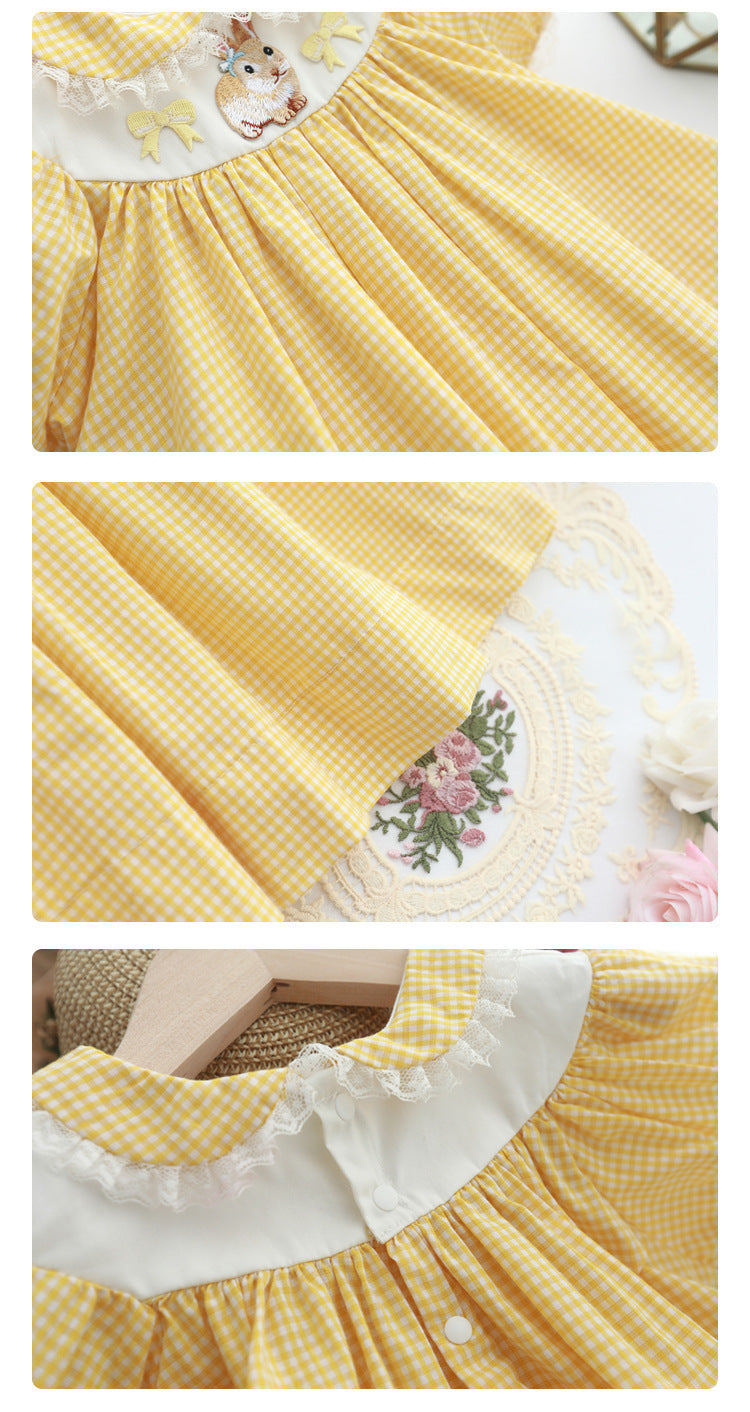 Fashion Kids Yellow Plaid Embroidery Retro