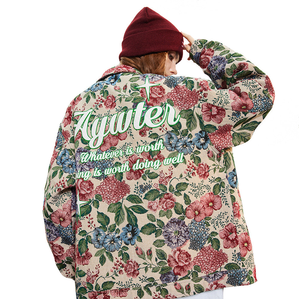 Veste ample à fleurs teints en fil, style rétro américain, entièrement imprimé, manteau ample