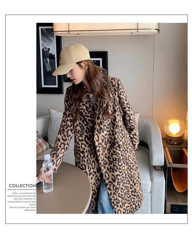 Women's Long Winter Leopard Print Woolen Coat