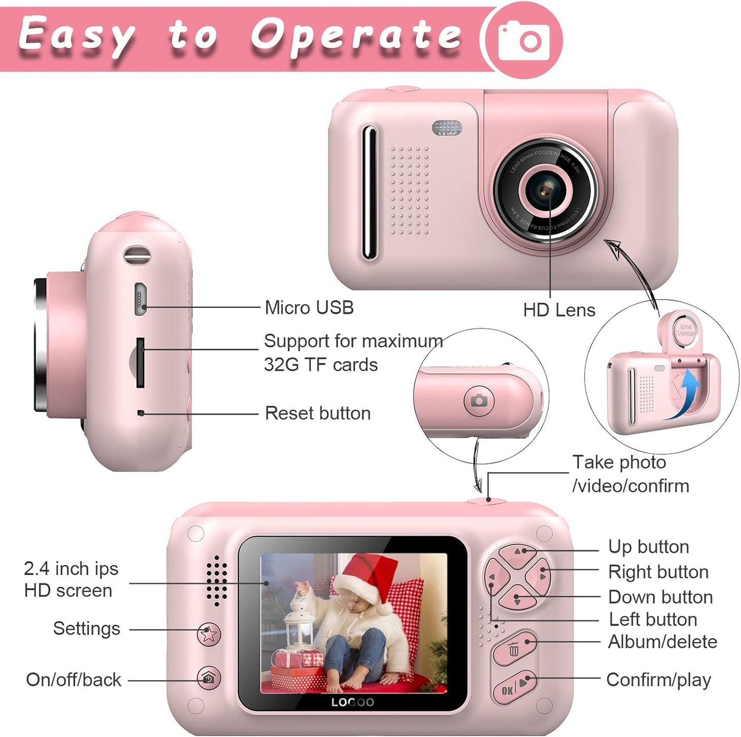 Appareil photo pour enfants, appareil photo numérique à selfie pour enfants pour filles et garçons de 3 à 12 ans avec résolution photo de 20 MP, caméra vidéo HD 1080P avec carte SD de 32 Go et perche à selfie