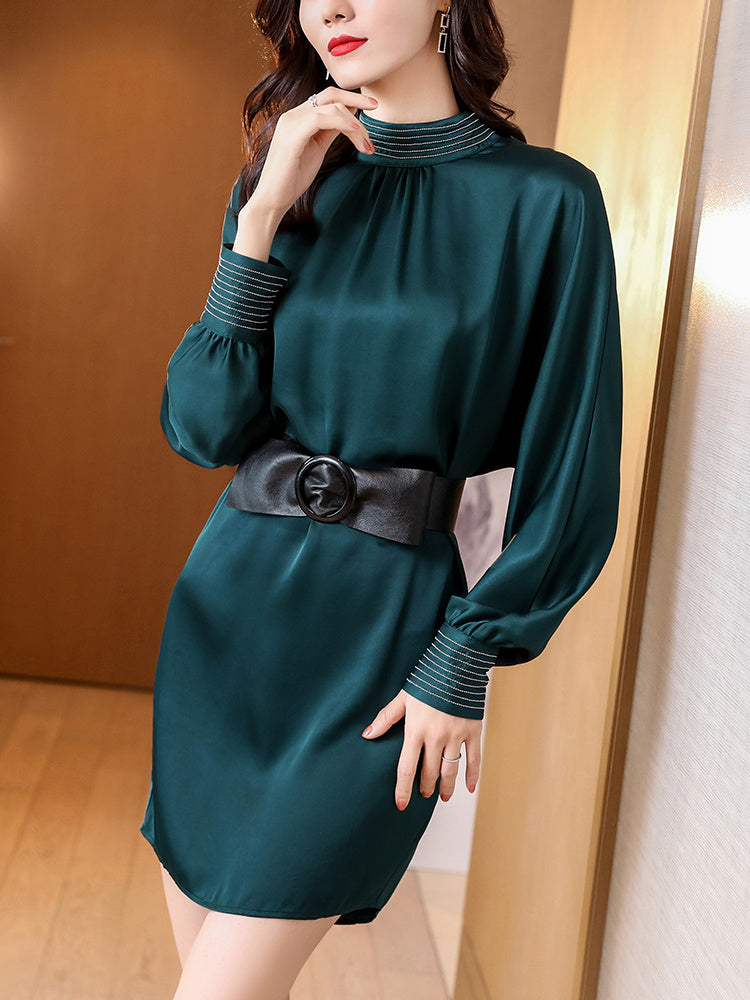 Acetate Dress Female Spring Fashion High-end Satin Small Mid-length Dress Dress One-step Dress