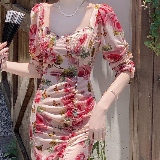 Robe à fleurs rose rétro élégante haut de gamme pour femmes