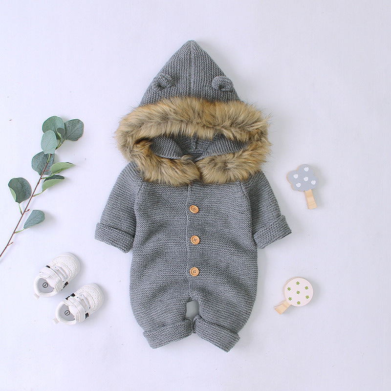 Children's Hooded Fur Collar Knitted Jumpsuit