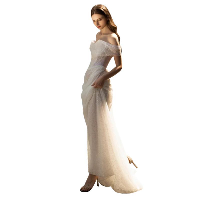 Bridal Hepburn Style Wedding Veil Trailing Off-shoulder Evening Dress