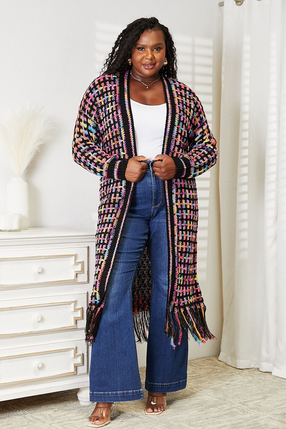 Double Take Cardigan multicolore ouvert sur le devant avec ourlet à franges pleine taille