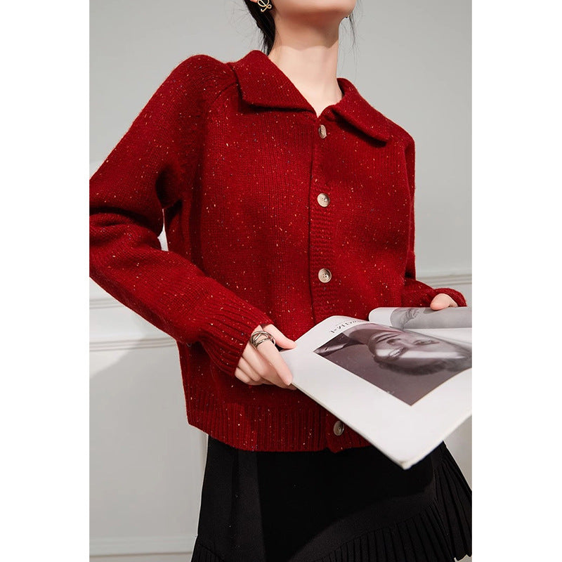 Women's Loose And Simple Lapel Red Bright Silk Sweater