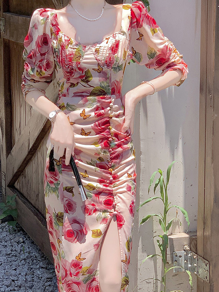 High-end Elegant Retro Rose Floral Dress Women's Clothing