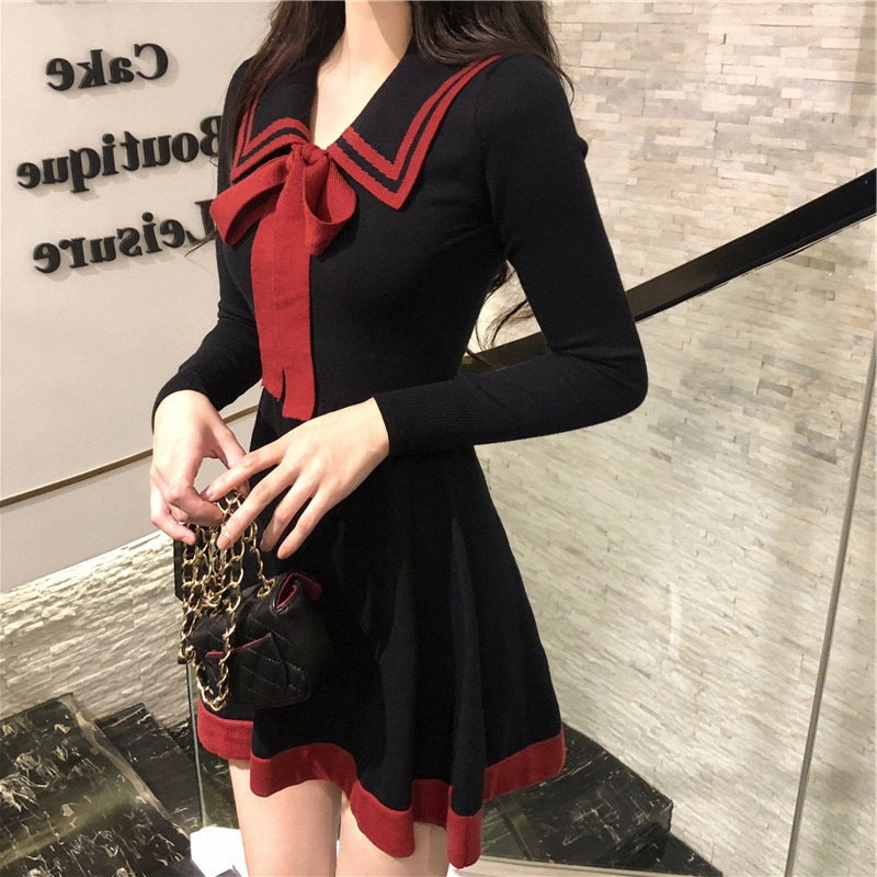 Cute Bow Dress Fashion Long Sleeve Lapel Knitted Dress Women's Classic Style Dress