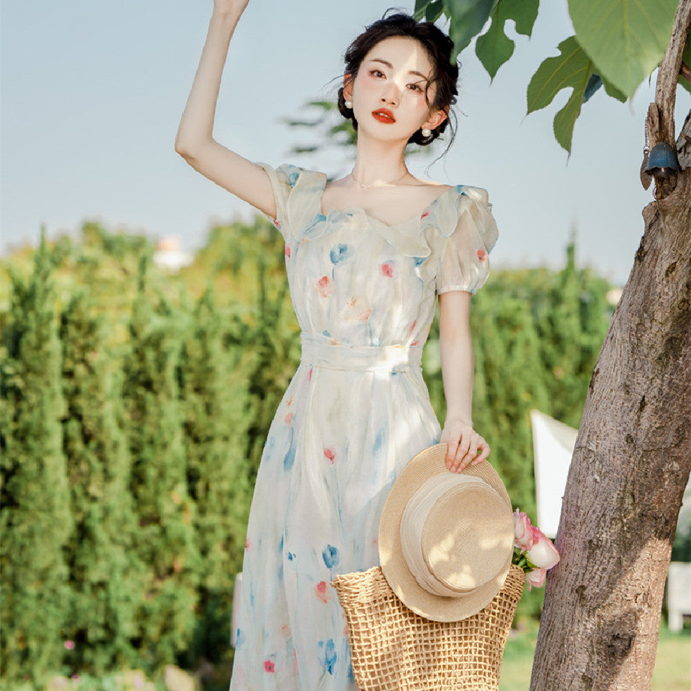 Vestido de gasa con estampado floral francés para mujer