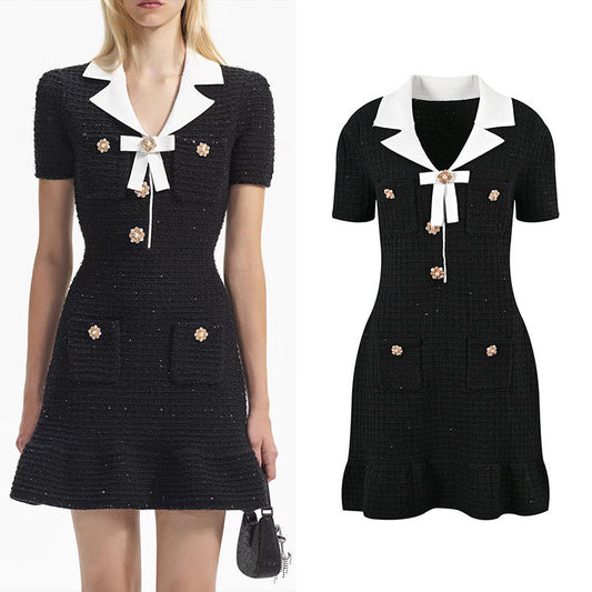 Black And White V-neck Patchwork Diamond Decorations Button Bow Knitted Sheath Dress