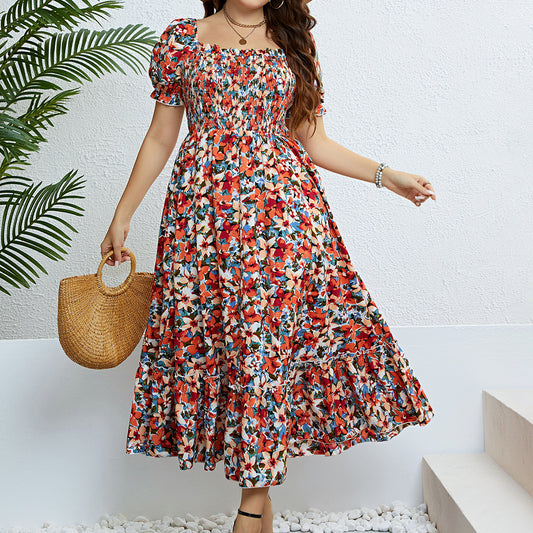 Floral Off-shoulder Waist Slimming Dress