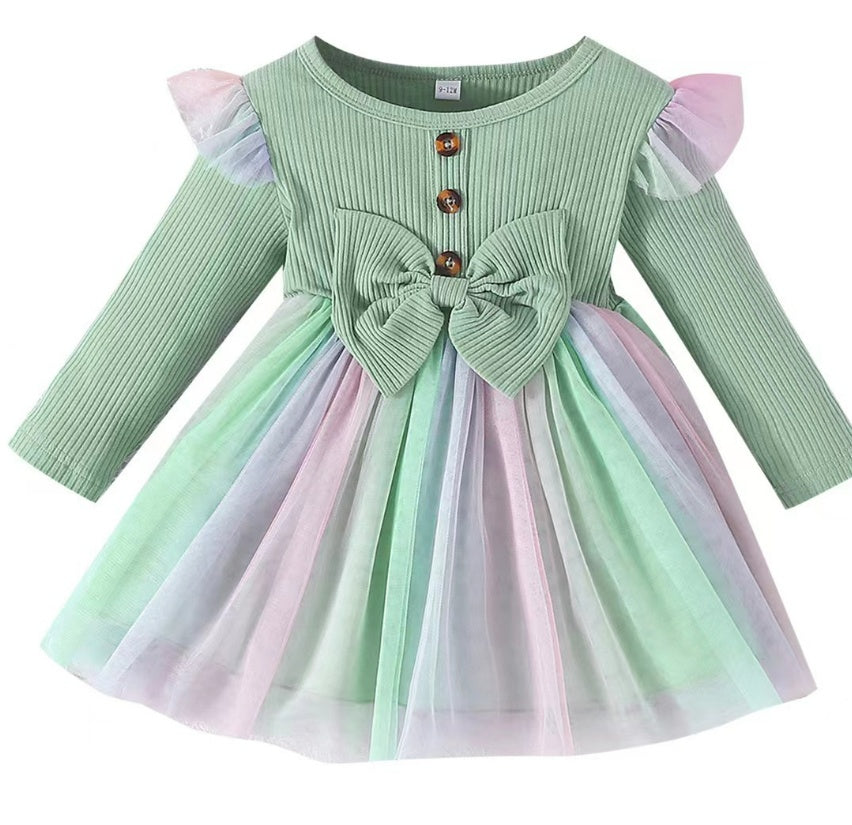 Bow Mesh A- Line Dress Two-color Children's Clothing