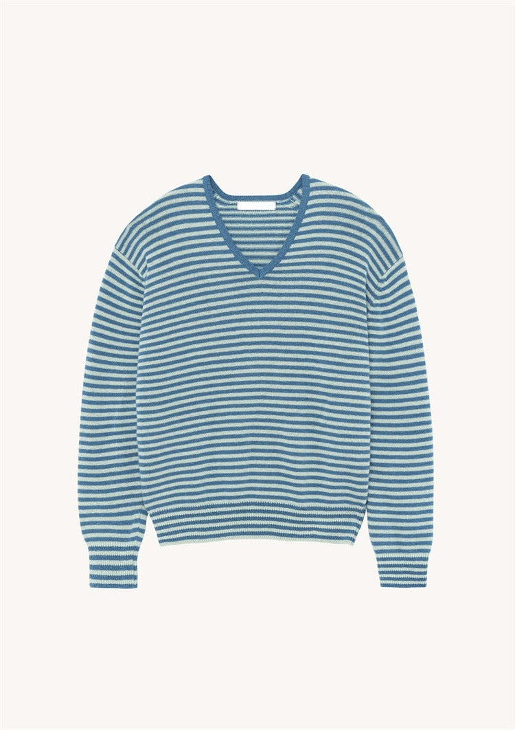 Women's Fashionable Loose V-neck Striped Knitted Top