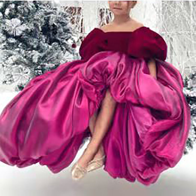 Robe de soirée fille rose rouge avec nœud traînant