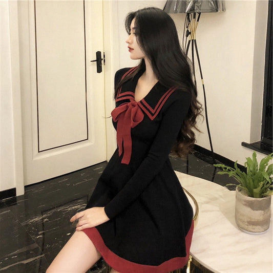 Cute Bow Dress Fashion Long Sleeve Lapel Knitted Dress Women's Classic Style Dress