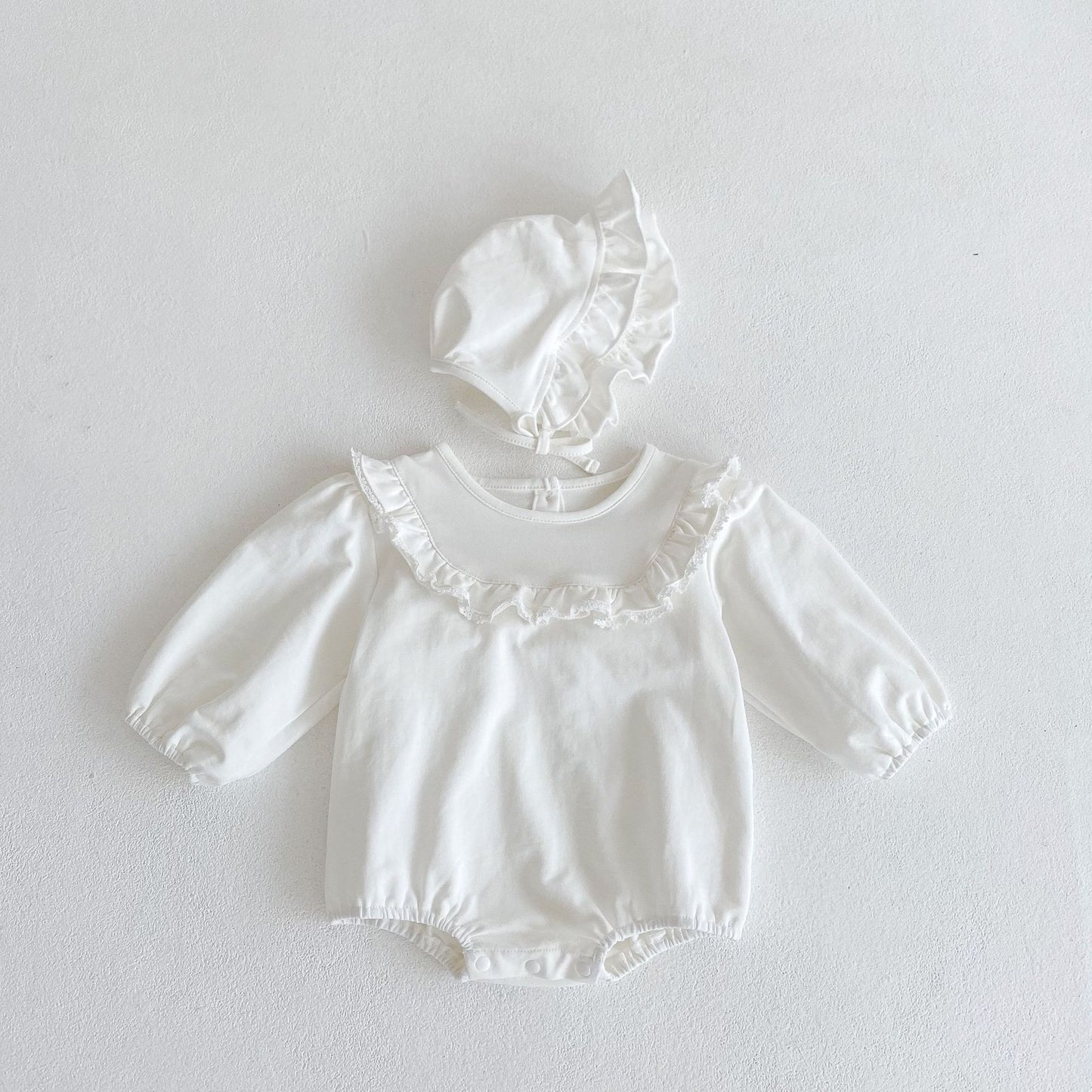 Automne bébé fille dentelle col à volants manches longues barboteuse chapeau