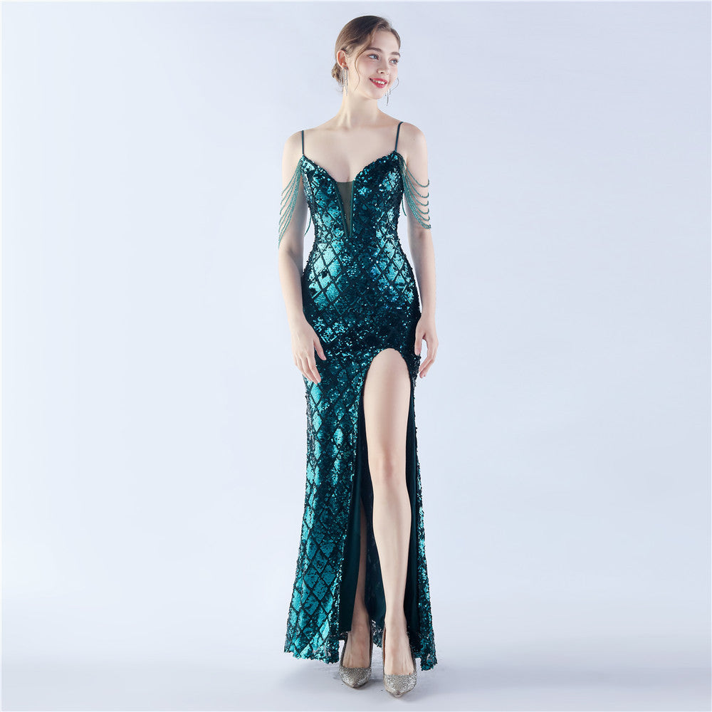 Fishbone Waist-tight Ratchet Tie Down Magic Color Sequin Craft Beaded High-end Evening Dress