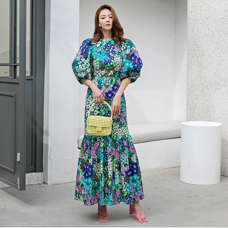 Vestido floral francés con mangas de burbuja de verano para mujer