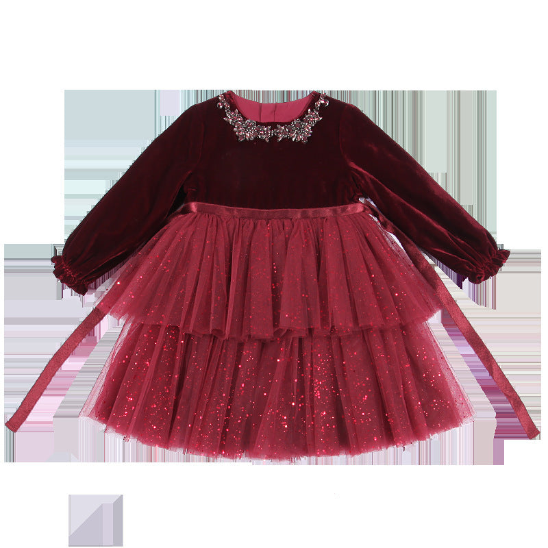 Robe à la mode pour petite fille en velours à manches longues européenne et américaine