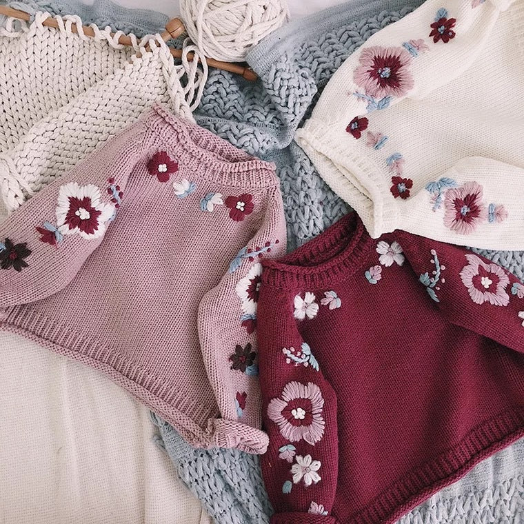 Pull fait main à fleurs pour filles, tricot en pur coton pour bébé