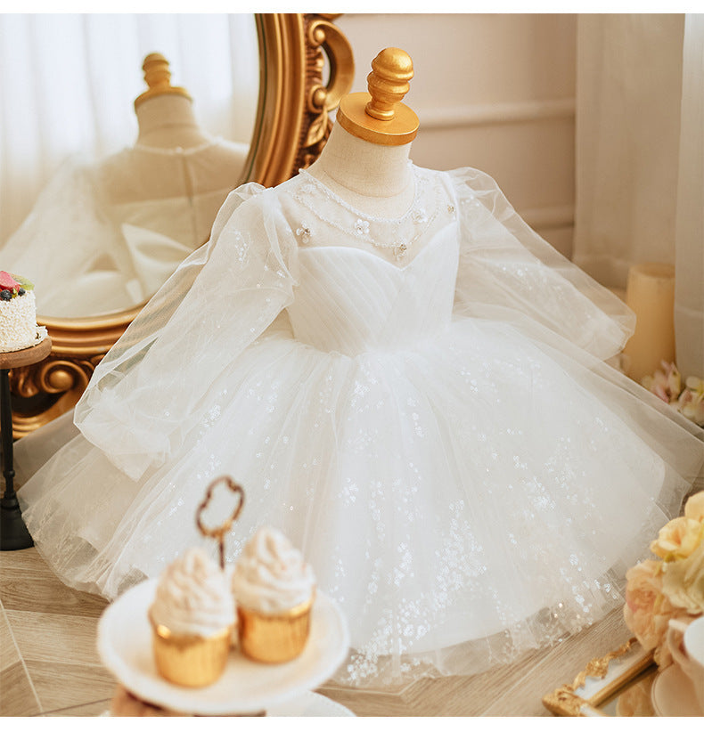 Long Sleeve Handmade Pearl Embroidery Children Princess Dress Gown