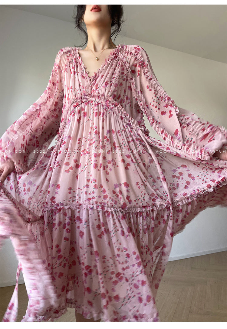 Robe douce à manches bouffantes pour pause thé, robe florale