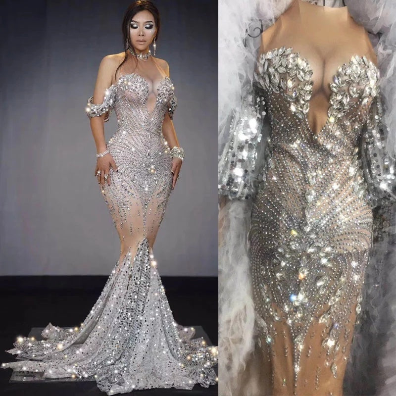 Robe longue à franges et diamants brillants, sans manches, pour discothèque et bar