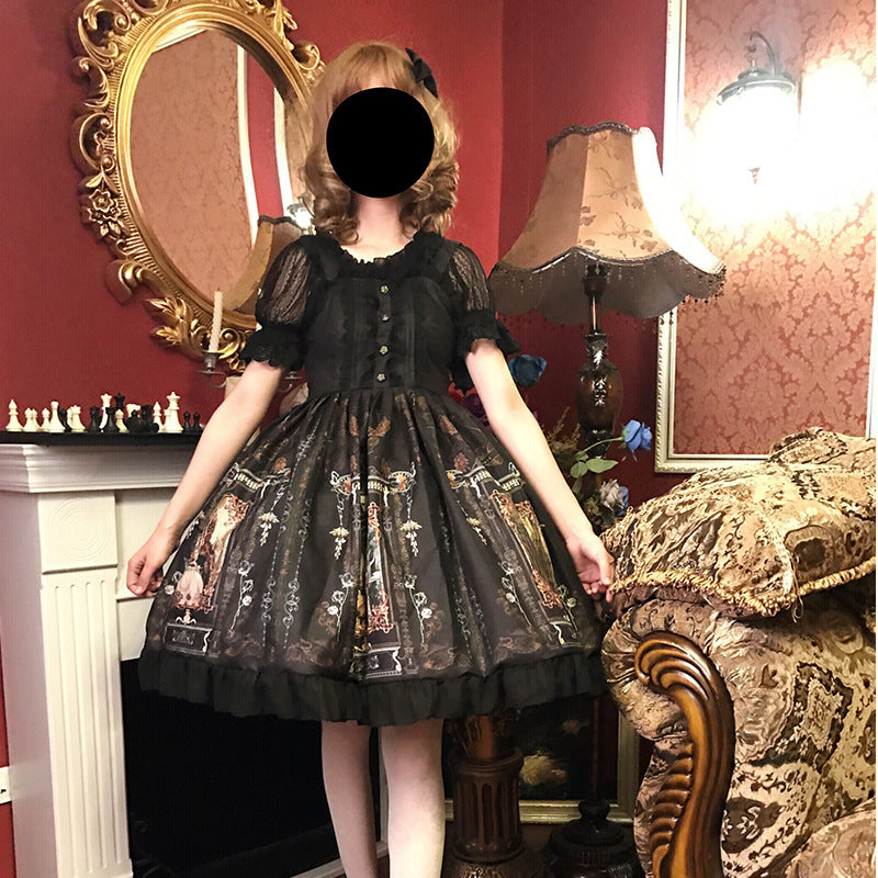 Robe gothique Lolita pour femme, Vintage, Kawaii, en mousseline de soie, tenue de fête de princesse, manches lanternes, Costumes de Cosplay mignons imprimés