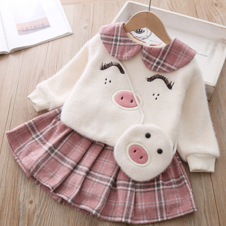 Costume jupe à carreaux pour fille, pull cochon