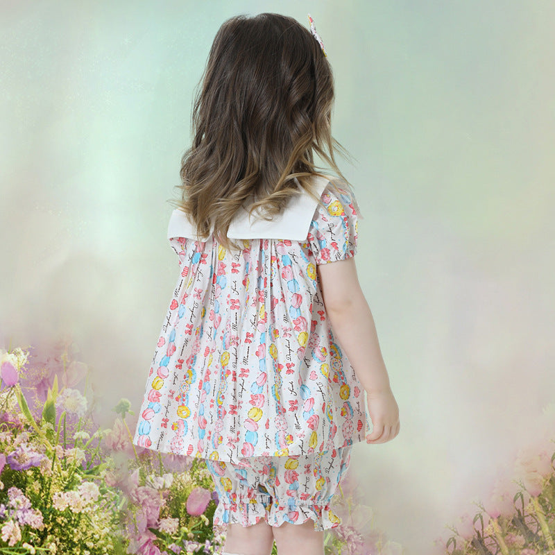 Summer New Children's Lapel Princess Dress Macaron Print Two Piece Set