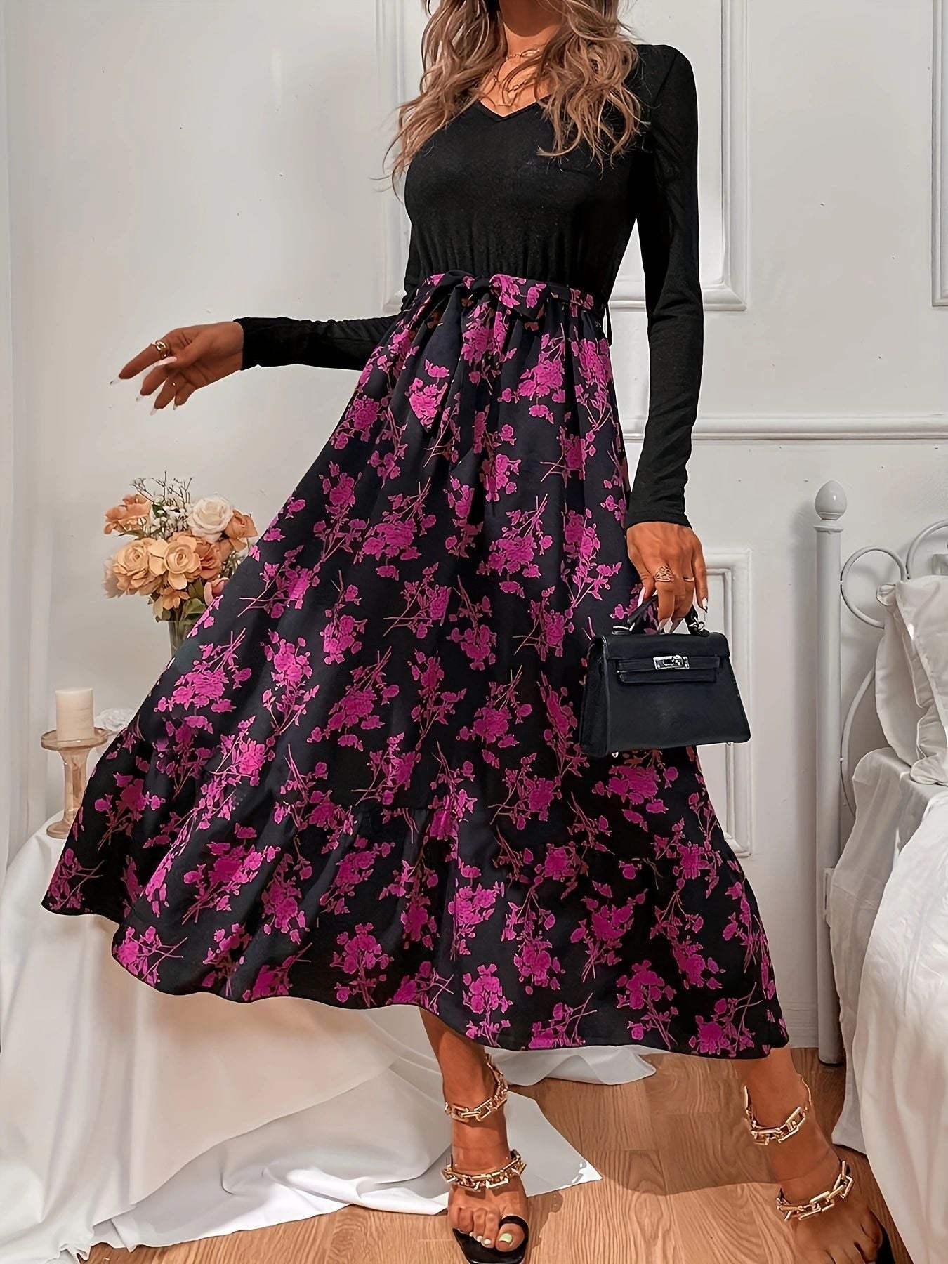 Women's V-neck Flounce Floral Dress