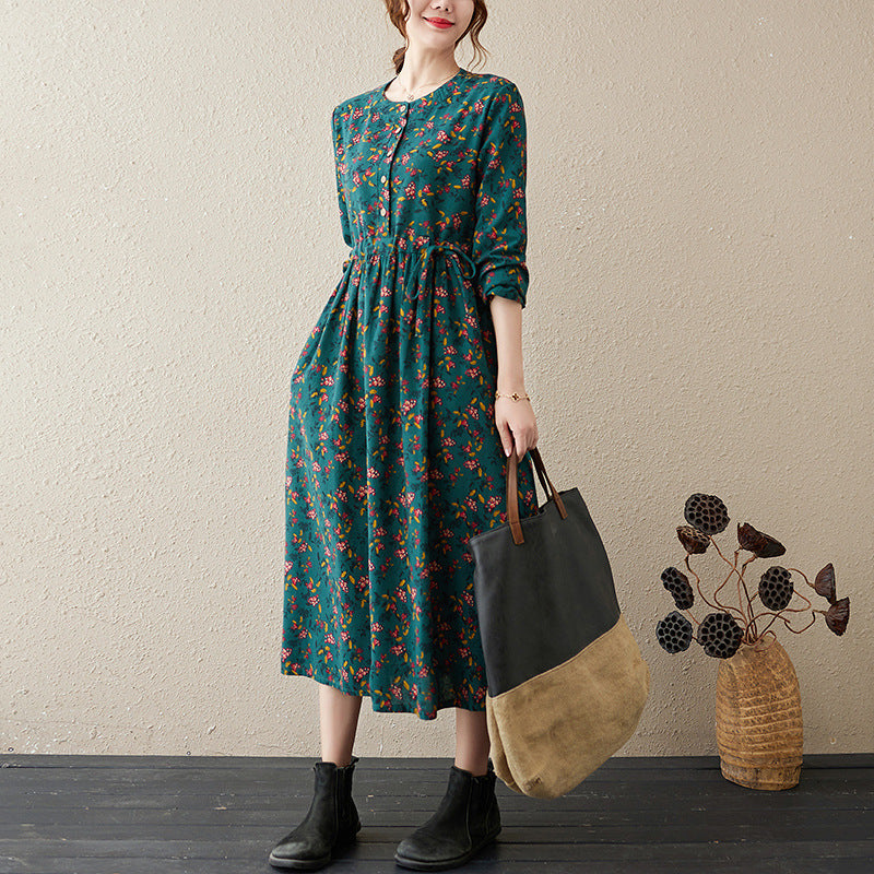 Artistic Vintage Floral Cotton And Linen Long-sleeved Dress