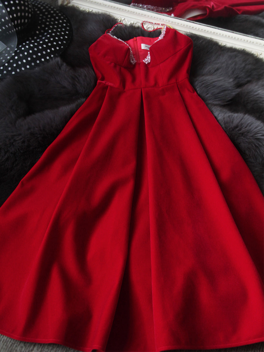 Deep V Neckline Suspender Sexy Backless Sleeveless Velvet Crimson Princess Dress