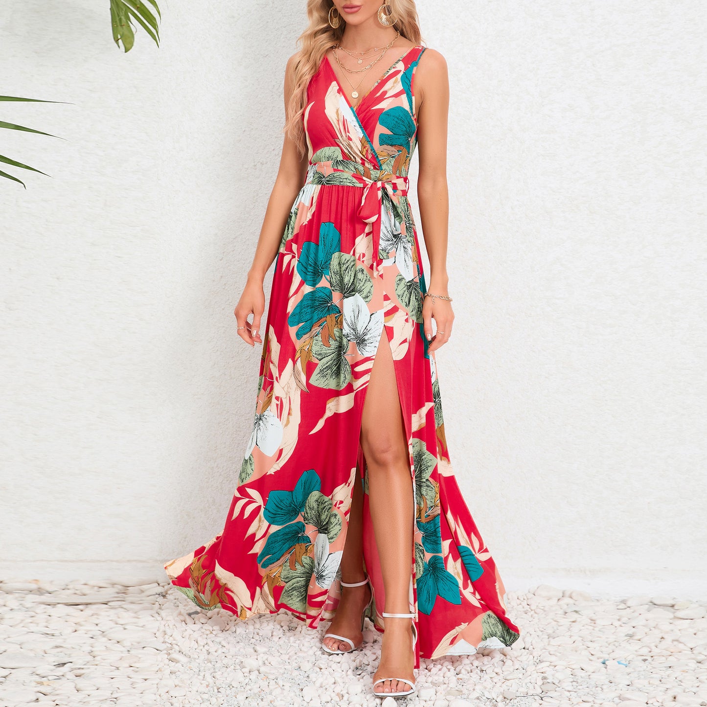 Robe longue à imprimé Floral, col en v, mode d'été, fente à la taille, sans manches, vêtements pour femmes