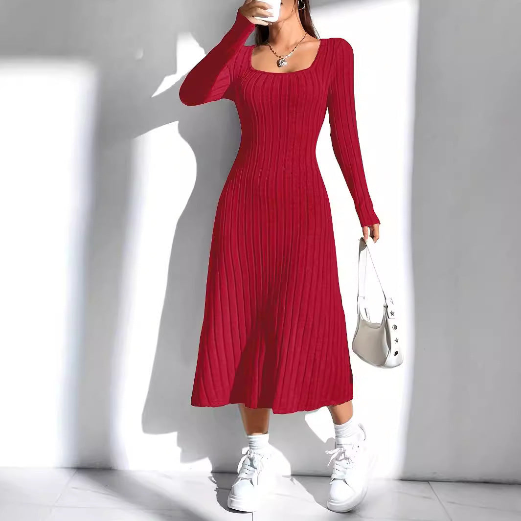 Thread Knitted Sunken Stripe Long Sleeve Big Hem Dress