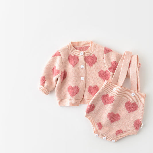 Barboteuse tricotée à manches longues pour bébés filles, manteau en forme de cœur aimant, printemps-automne