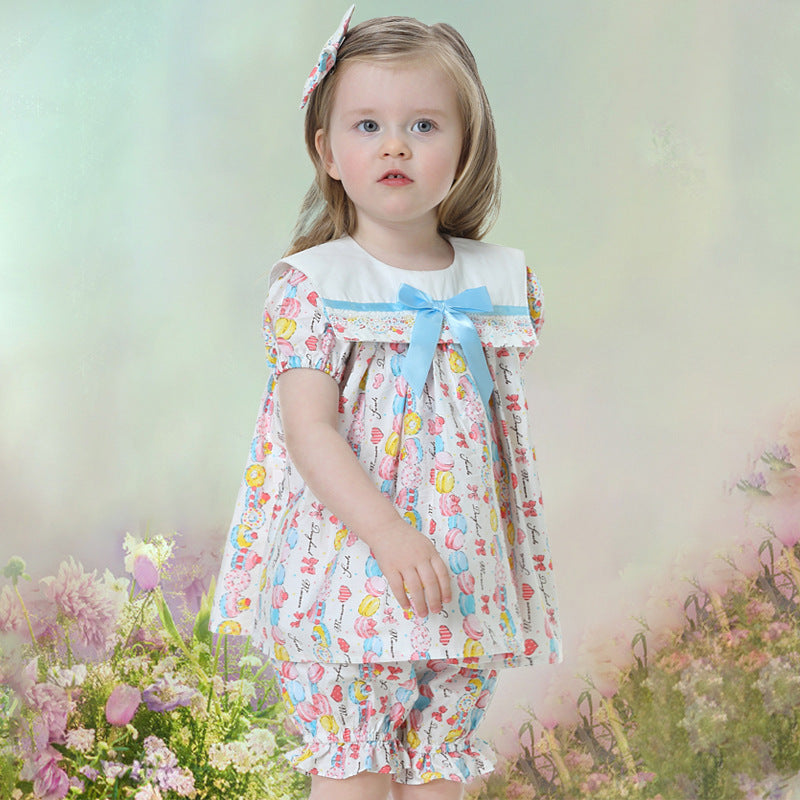 Summer New Children's Lapel Princess Dress Macaron Print Two Piece Set