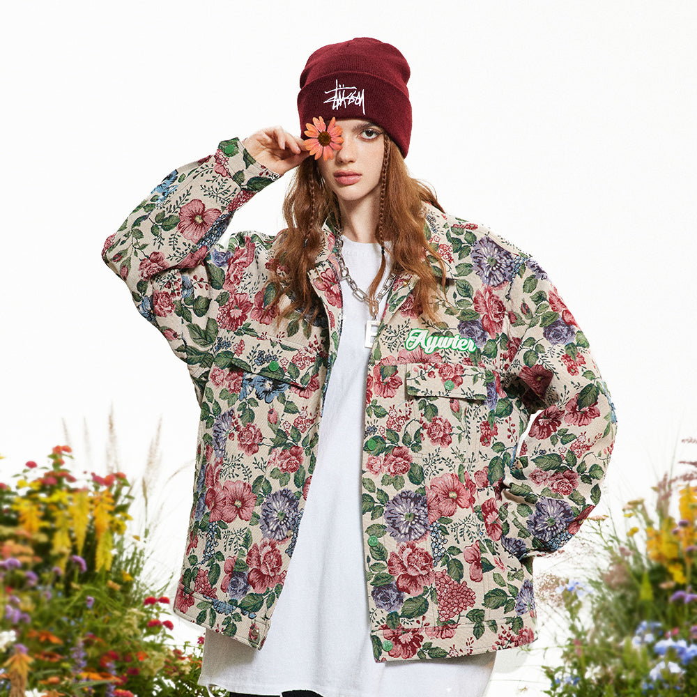 Abrigo holgado con chaqueta floral teñida en hilo con estampado completo retro americano