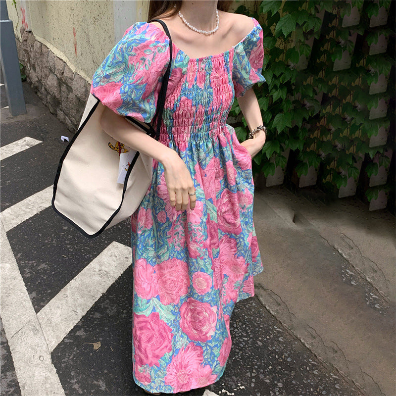 Vestido de verano con cuello cuadrado y flores francesas para mujer