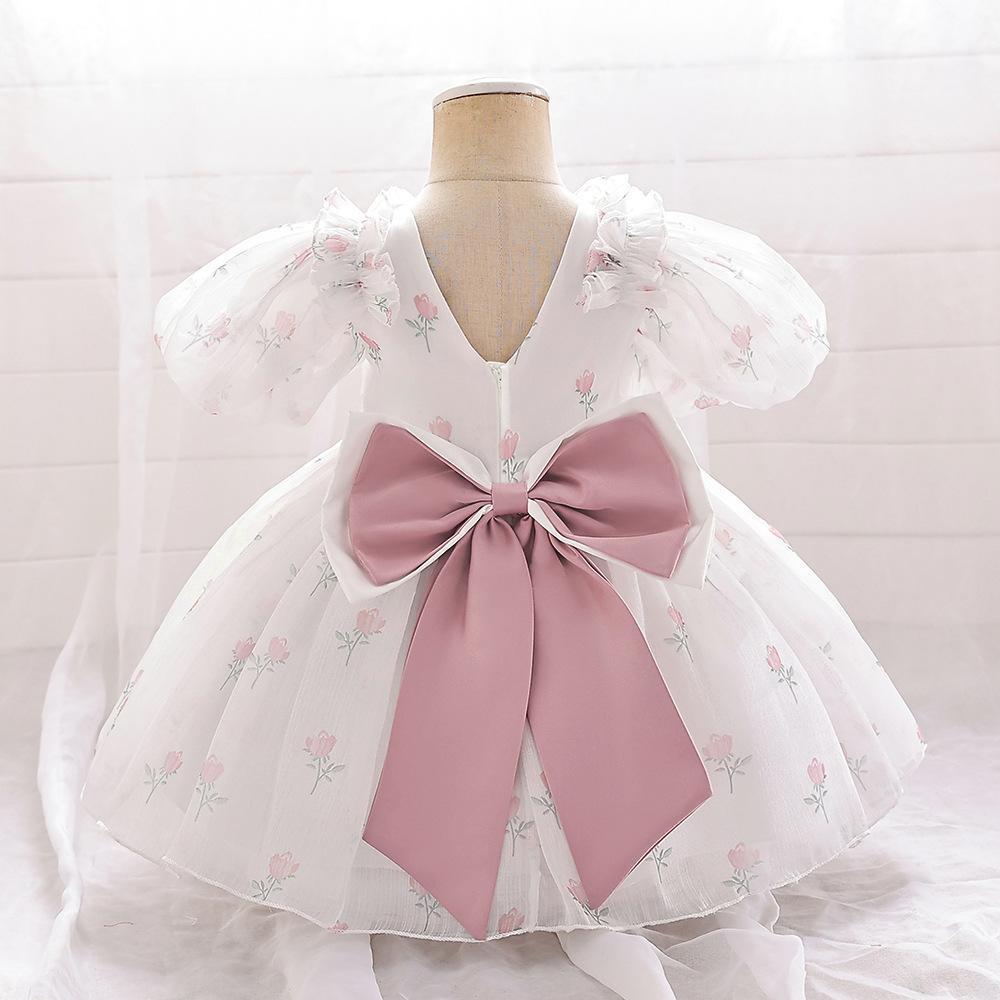 Children's Floral Skirt Little Girl Bow Puff Sleeve Dress