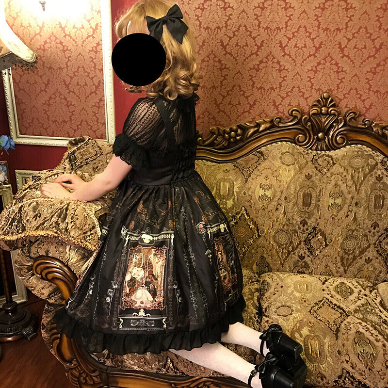 Robe gothique Lolita pour femme, Vintage, Kawaii, en mousseline de soie, tenue de fête de princesse, manches lanternes, Costumes de Cosplay mignons imprimés